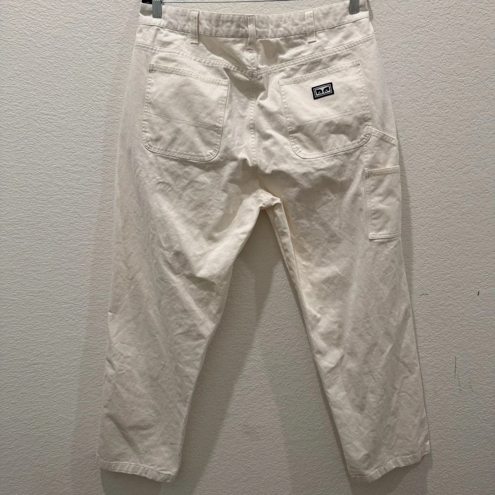 Obey Mens Carpenter Pants Off White Cream Cotton Canvas Workwear Size 34